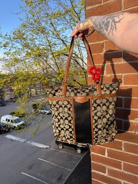 Coach Monogram Canvas Tote with Brown Leather Trim and Black Accent